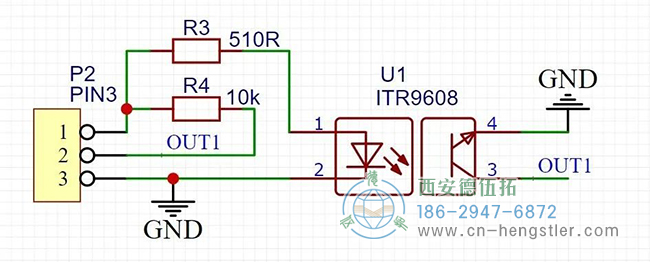 ITR9608是一种常见的对射式光电开关，加两个电阻就可以使用了，设计了简单的原理图